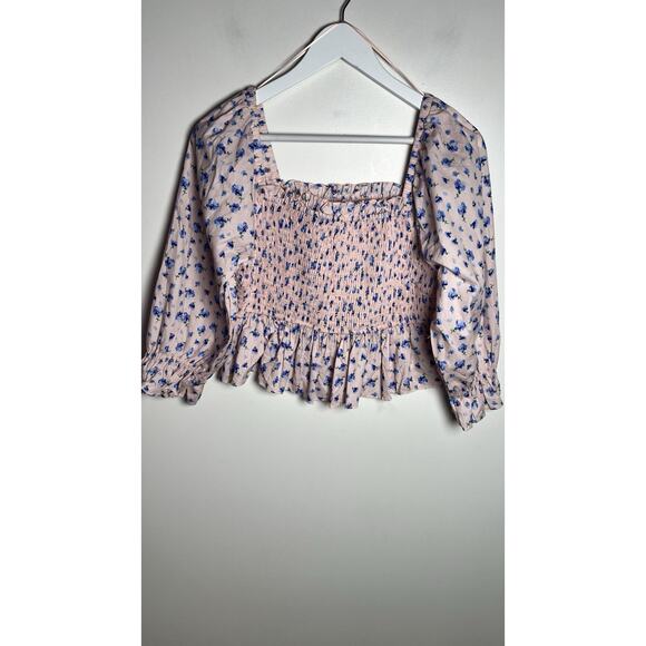 English Factory X Anthropologie Medium Pink Floral Square Neck Smocked Crop Top - Picture 4 of 11